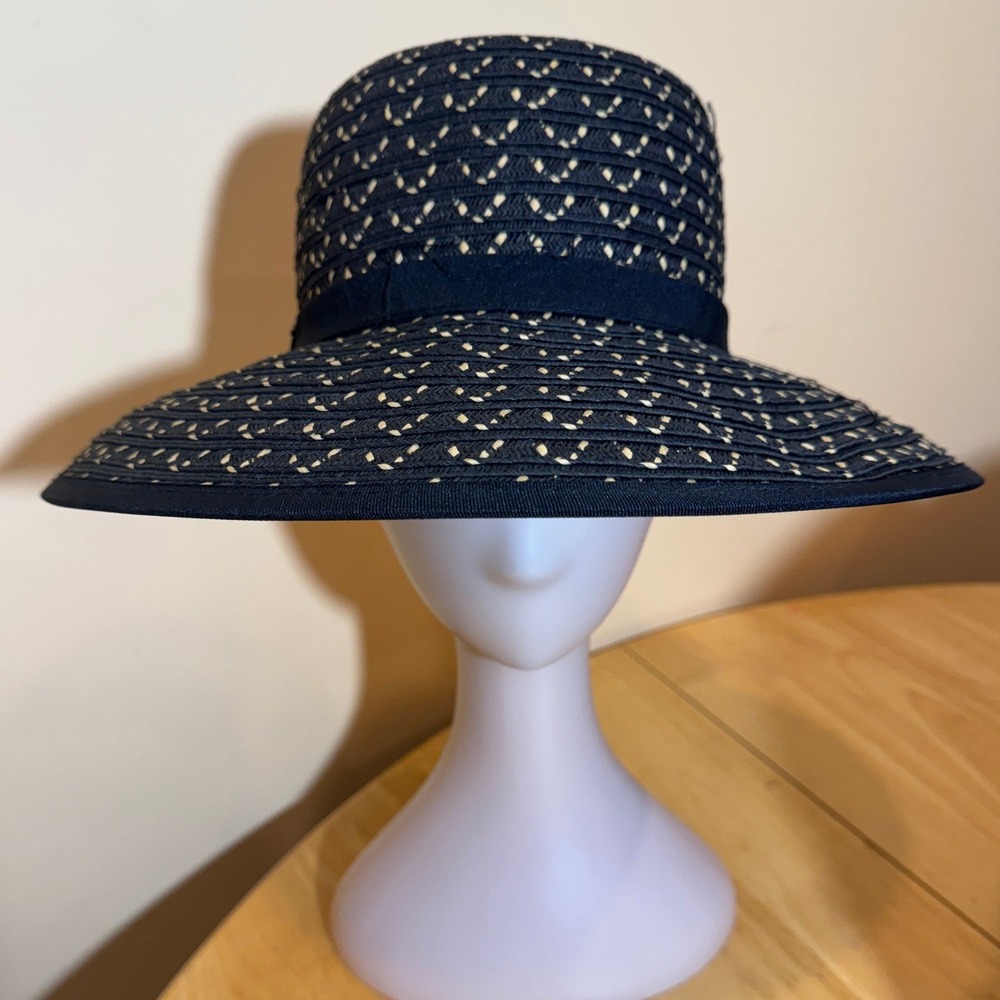 Sun N Sand Black Tan Woven Straw Wide Brim Sun Hat Adjustable Summer Resort